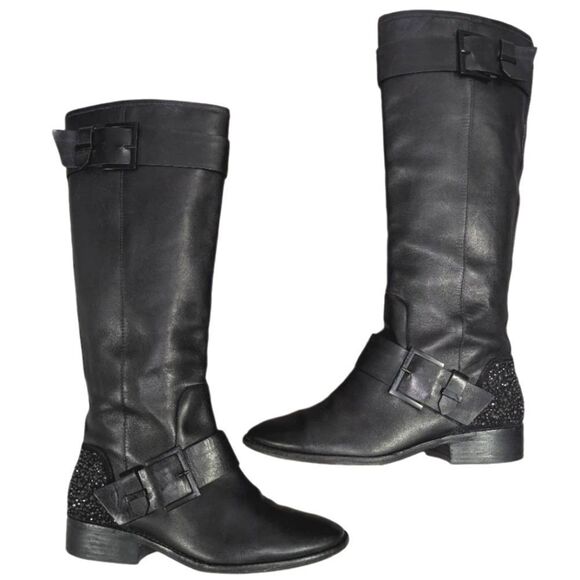 Brian Atwood Diva Black leather crystal embellished knee high riding boots 6.5 - Picture 2 of 10